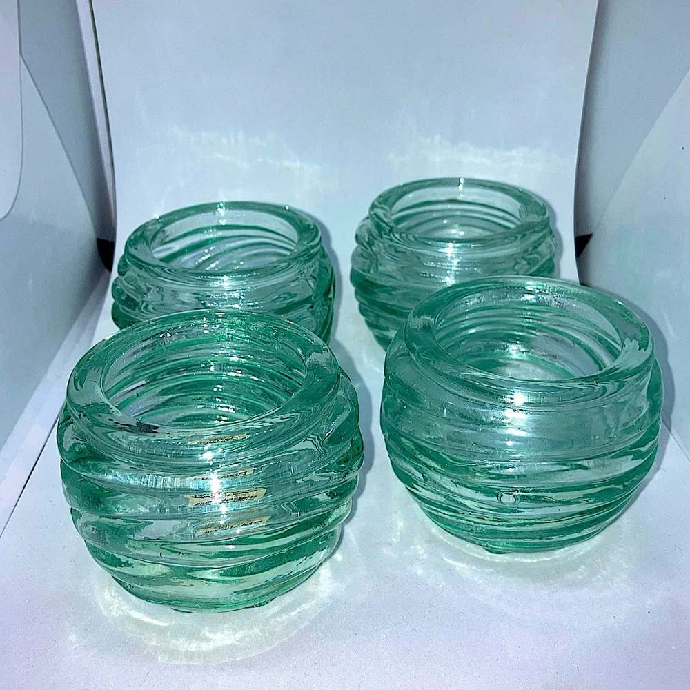 4 Crate & Barrel Baja votive candle holders Wavy design thick Recycled glass